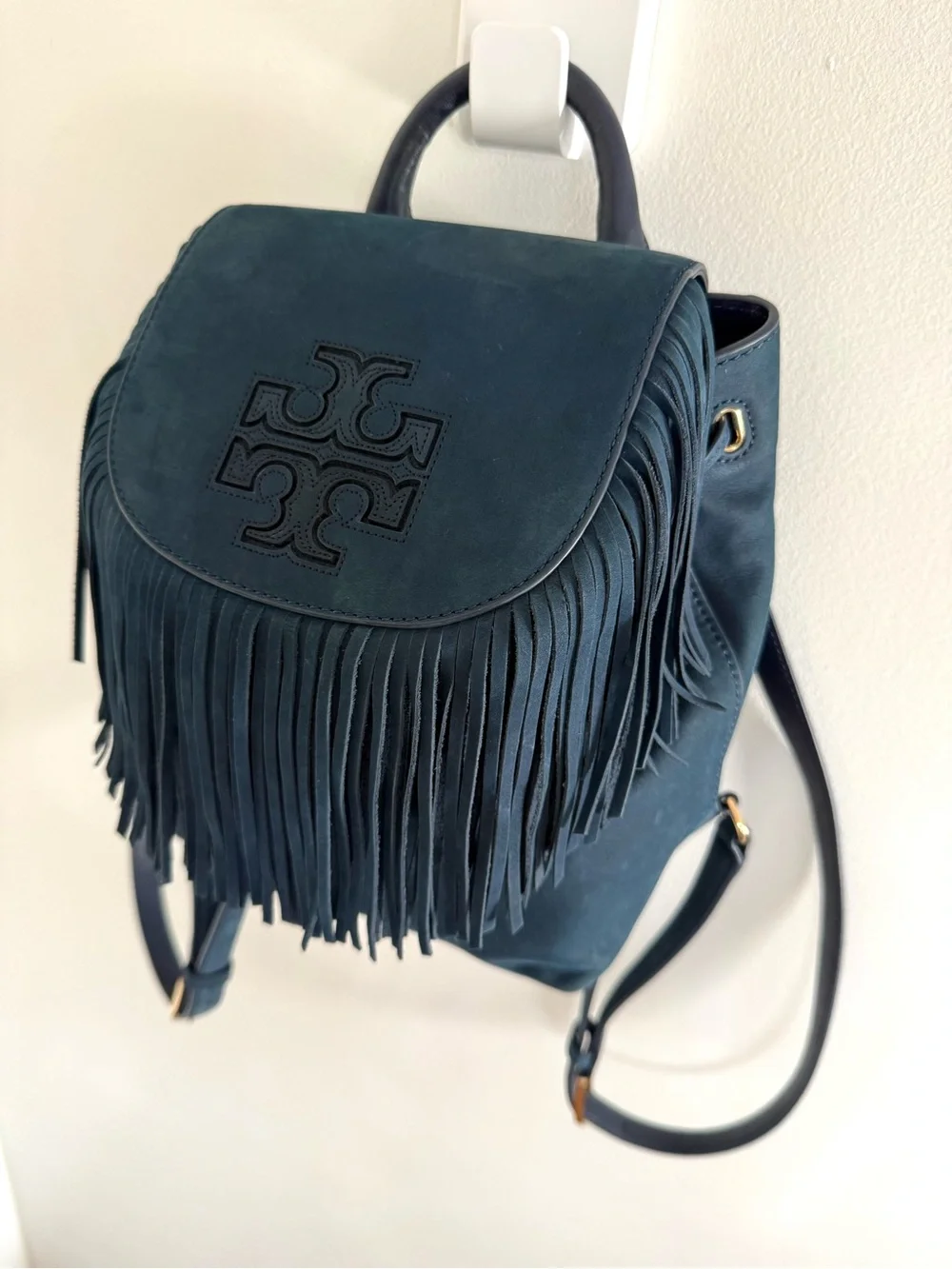 Tory Burch Harper Fringe Suede Backpack in Navy Blue